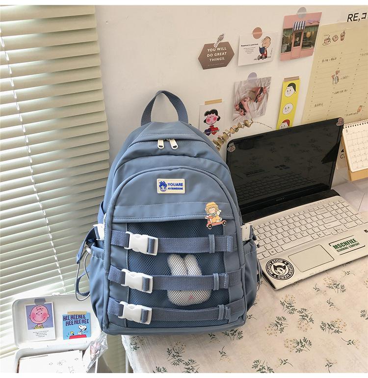 Mesh Hollow Backpack Large Capacity Women Men School Backpack Nylon Shoulder Bag Laptop Teen School Bag Mochilas Unisex Backpack: Blue