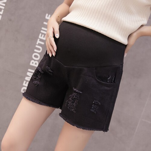 Pantalones vaqueros de maternidad para mujer, pantalones cortos de tela vaquera con cintura elástica, ropa para embarazadas, color blanco y negro: black / XL