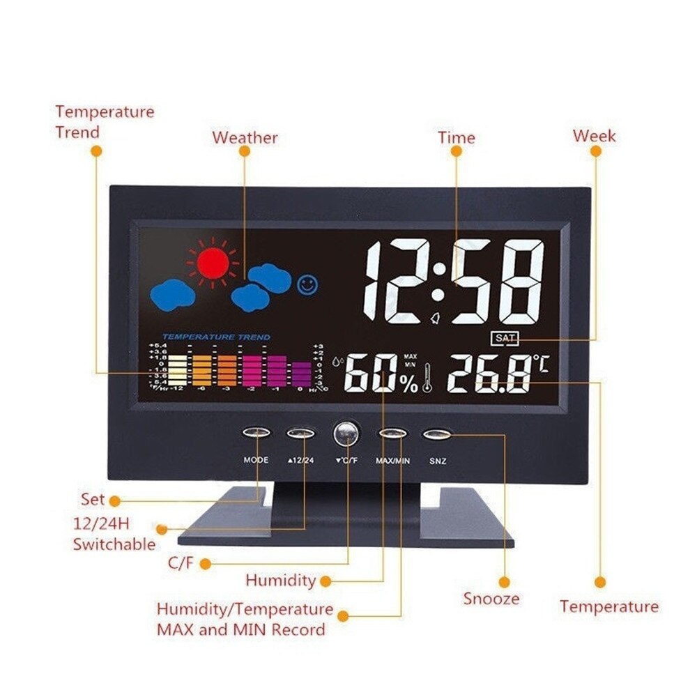 LCD Back Light Desk Clock Indoor Weather Station Alarm Clock Time/Date/Week/Alarm/Temp/Humidity/Weather/ Display Forecast