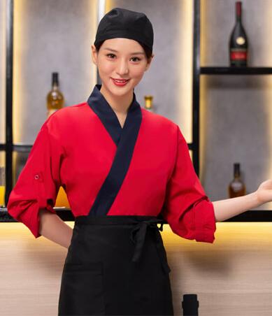 Sushi ravintola kokin univormut japnese retsuarnt kimono ruoka työ vaatteet keittiö pitkähihainen tarjoilija univormu kahvila kokki vaatteet: Nainen punainen / Xl