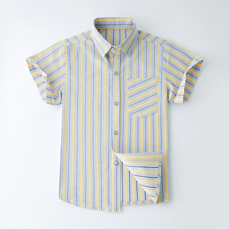 Camisa de algodón de manga corta a rayas para niños, camisa virgen grande para niños de 4 a 12 años, novedad de verano: Azul / 14
