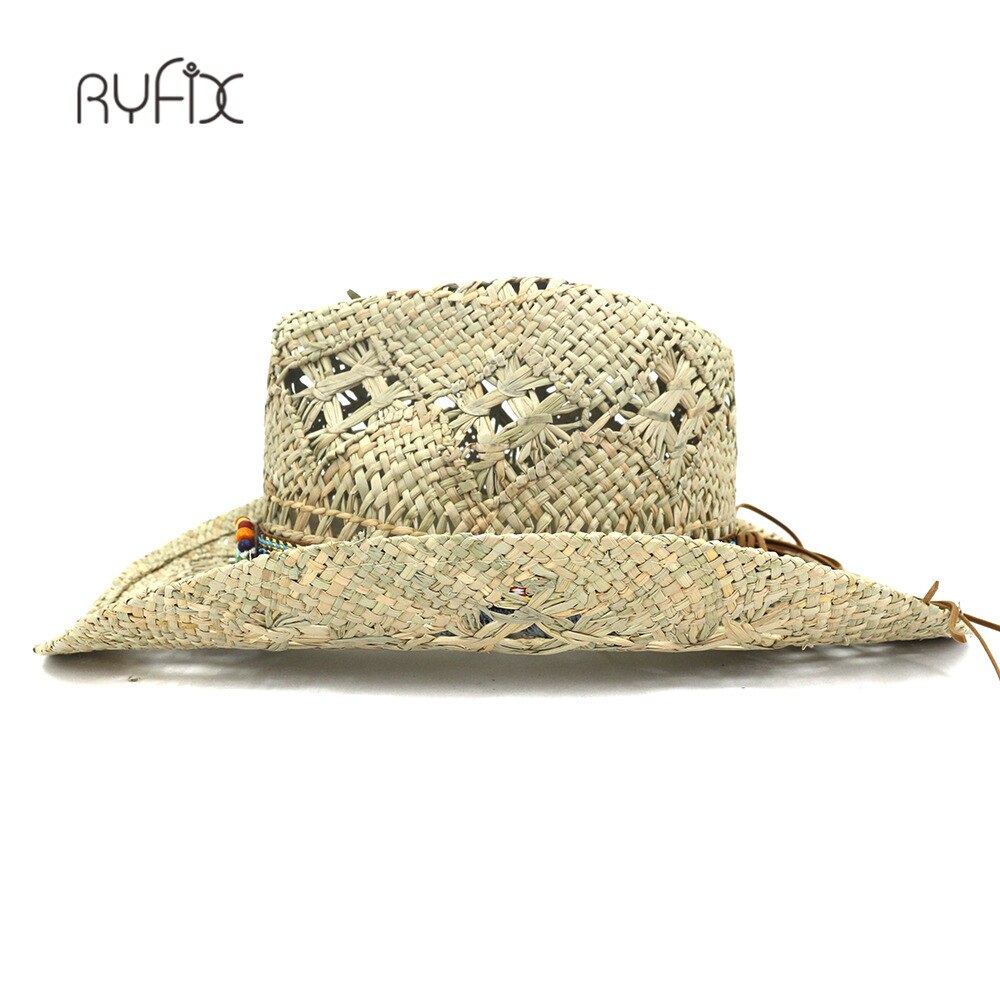 Retro Women Men's Hollow-out Baking Paint Cowboy Western Summer Straw Cowgirl Sun Hat Turquoise Pendant Wood Bead HA191