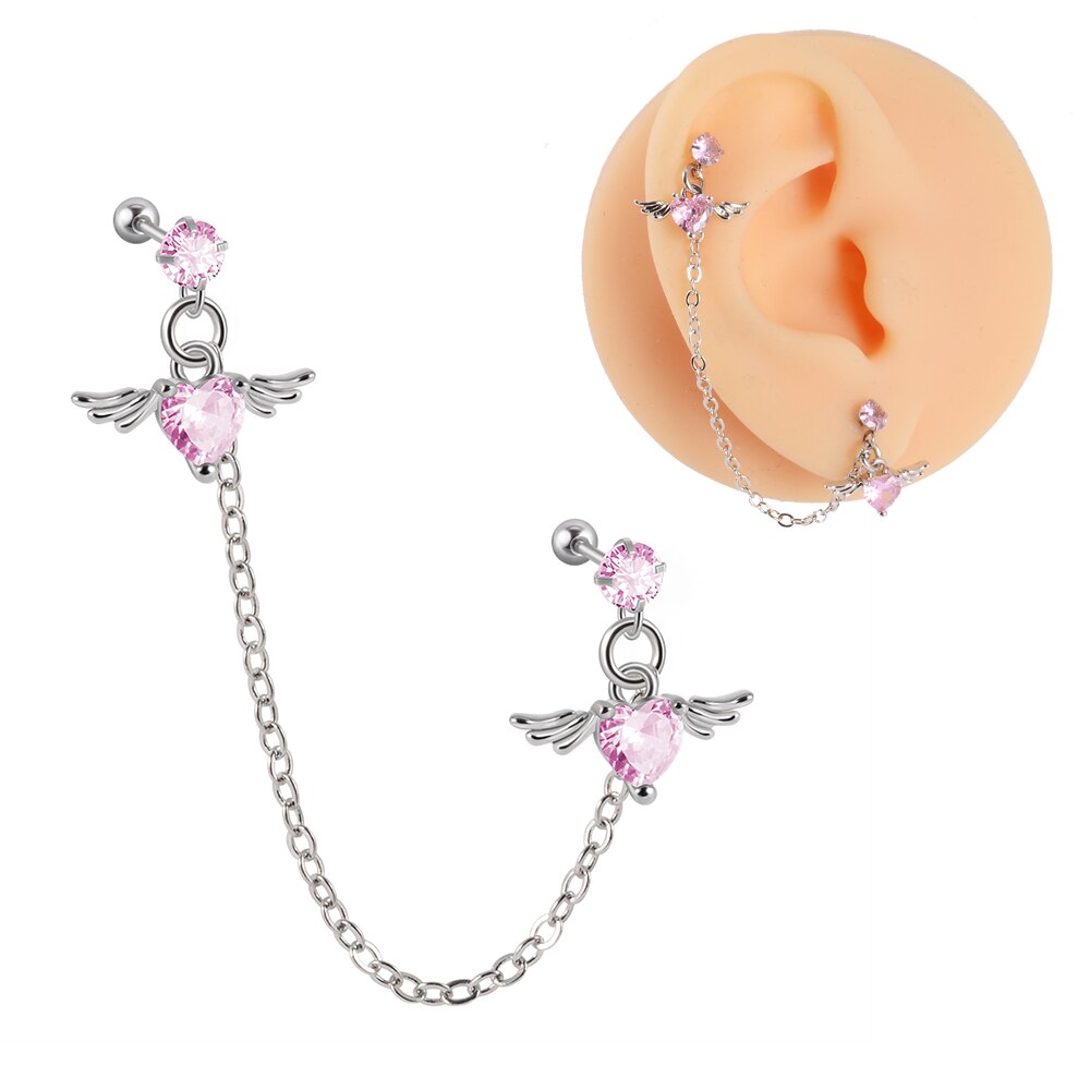 1Pc Chirurgisch Staal Cz Gem Oor Tragus Kraakbeen Piercing Zirkoon Dangle Chain Earring Conch Oor Stud Helix Piercing Body sieraden: 1PC Pink Wing