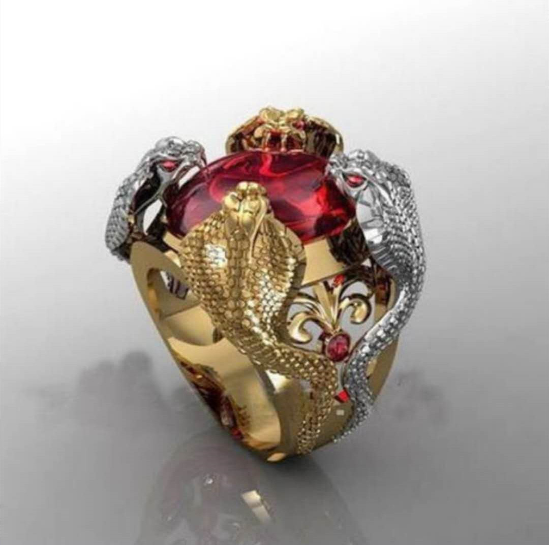 Anello da dito con corona di animali di pitone cobra serpente da uomo punk gotico con strass di cristallo di pietre preziose rosse per gioielli da festa maschili