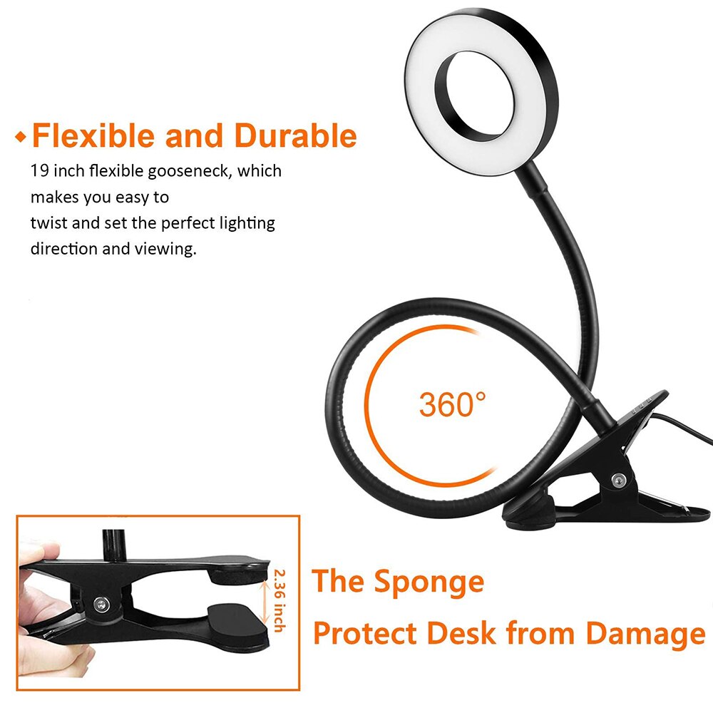 Lampada da scrivania a 48 LED con clip USB Lampada da libro da comodino 360 ° Lampada da scrivania mini clip-on a LED Luce notturna flessibile Luminosità regolabile a 3 livelli