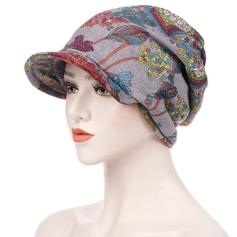 Multifunktionelle kvinder vinter efterår hat hat blomstermotiver teenager voksen tyndt tørklæde pige skullies beanies vintage cap hat: Gy