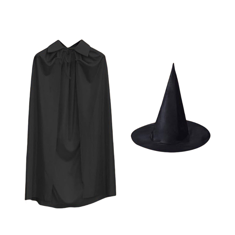 Mantello nero Cosplay Mantello lungo medievale Festa di Halloween Donna Uomo Adulto Lungo mago Stregoneria Wicca Abito cappello set Costume da strega