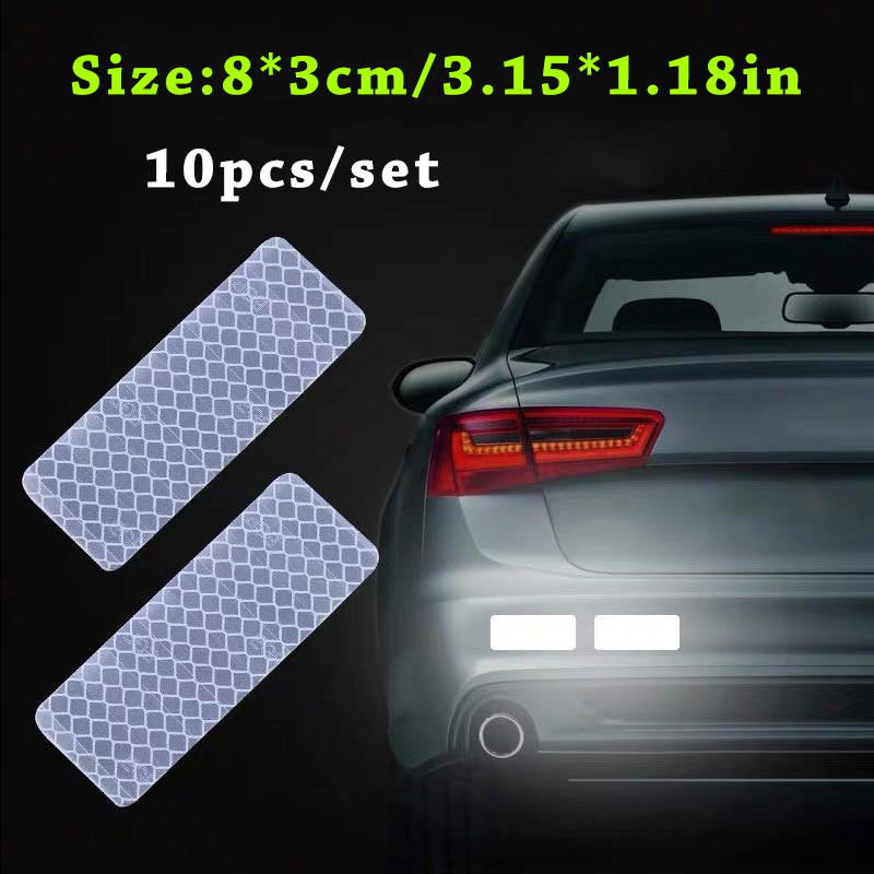 10 unids/set de pegatinas de tira de seguridad reflectantes para parachoques de coche, pegatina reflectante para coche, cinta de seguridad de advertencia reflectante: BLANCO