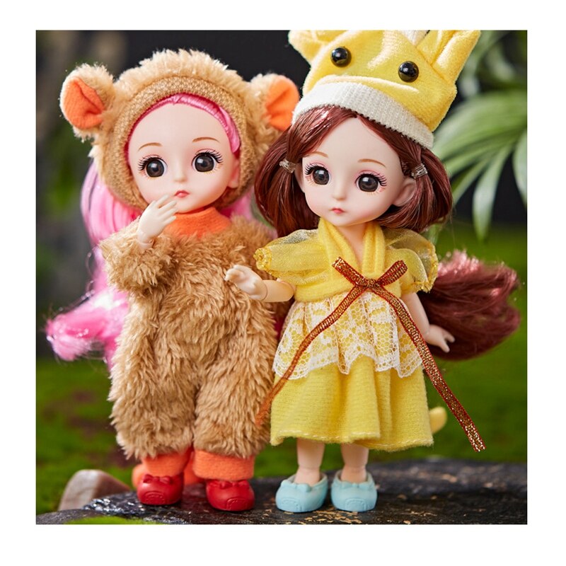 16cm Mini Zodiac Dress Up Doll 13 Moveable Jointed Animal Dolls Long Hair Make Up Body Dolls with Dress Toy for Girls