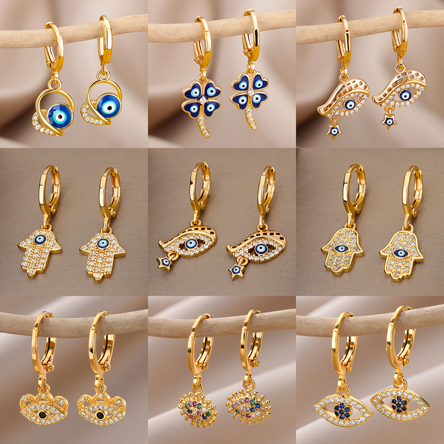 Mode Punk Evil Eye Oorringen Voor Vrouwen Goud Kleur Stainelss Staal Zirkoon Turkse Eye Fatima Hand Druppel Oorbel Sieraden
