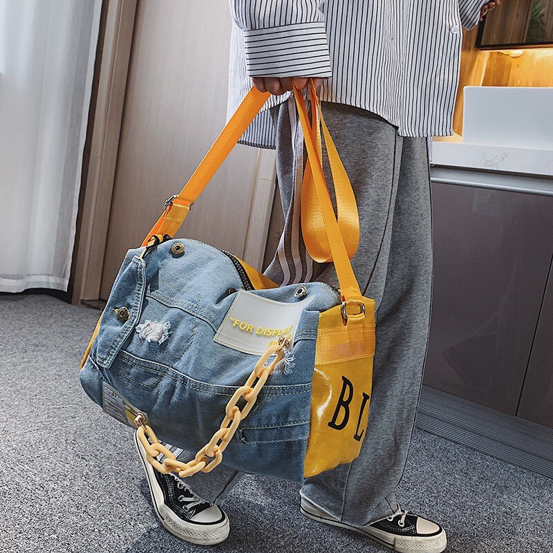 Oxford Travel Bag Women/men Hand Luggage Bags Case Big Travel Duffle Weekend Bag Male/female Denim Patchwork Gym Bags