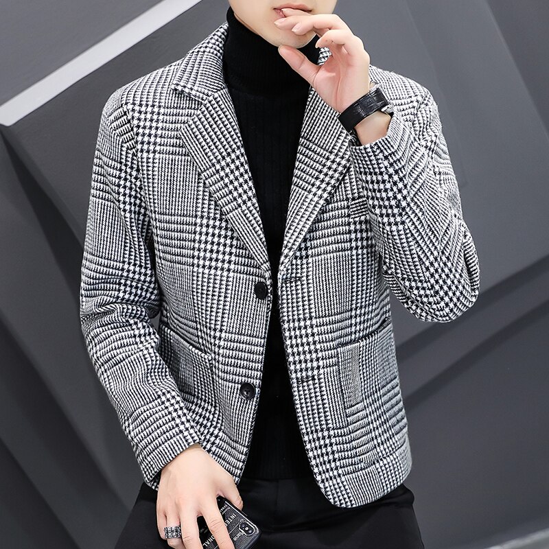 Autum Winter Wool Blends Blazers Men Plaid Casual Slim Suit Jacket British Style Business Social Dress Coat Wedding Windbreaker: Dark Grey / XXL