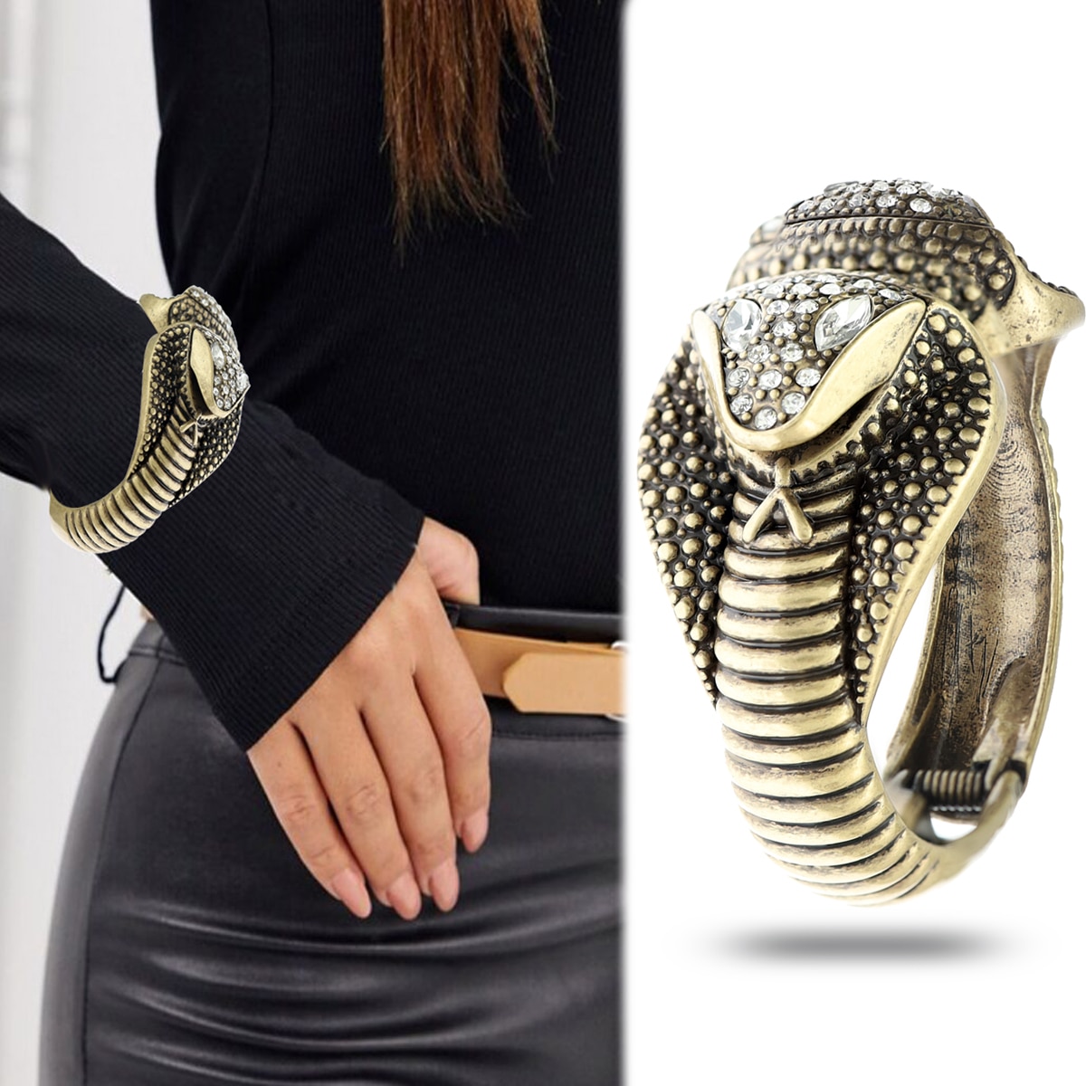 Rhinestone Cobra Hinged Snake Chunky Cuff Bangle Bracelet Egyptian Cleopatra Costume Halloween Statement African Jewelry