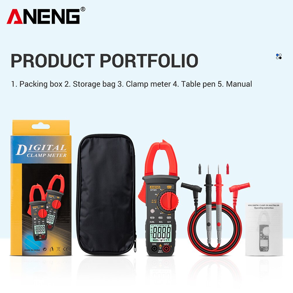 Aneng  st181 digital klämmätare likström / växelström 4000 räknas multimeter amperemätare spänningstester bilförstärkare hz kapacitans ncv ohm test