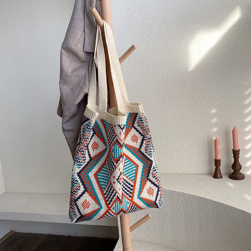 Dames gebreide wollen schoudertas met kleurrijk ruitpatroon, eenvoudige stoffen handtas, casual draagtas, warme wollen boodschappentas voor de winter