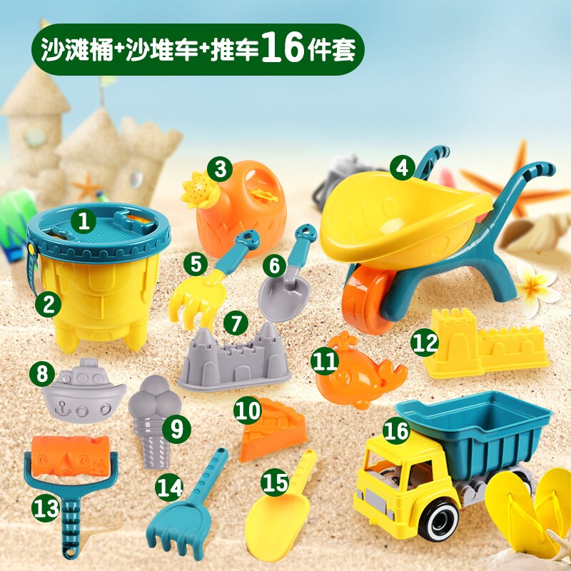 Giocattoli da spiaggia estivi giochi da bagno per bambini carrello di sabbia Set di strumenti per secchiello Beach Party Sport giocattolo all&#39;aperto gioco educativo per acqua ragazzo regalo per bambini: 16pcs set