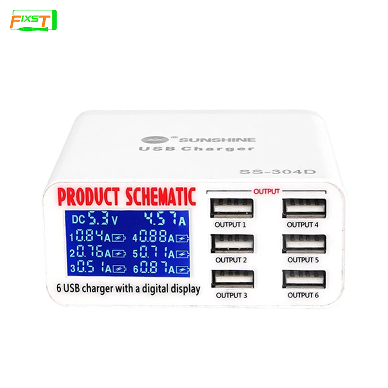 SUNSHINE SS-304D Mini 6 Port USB Smart Charger Support Wireless Charging with LCD Display For Mobile Phone Charging Repair Tools