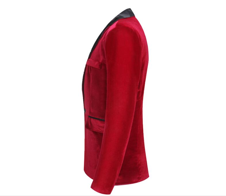 Men's Autumn Winter Velvet Wine Red Leisure Suit Jacket Wedding Groom Singer Slim Fit Blazer