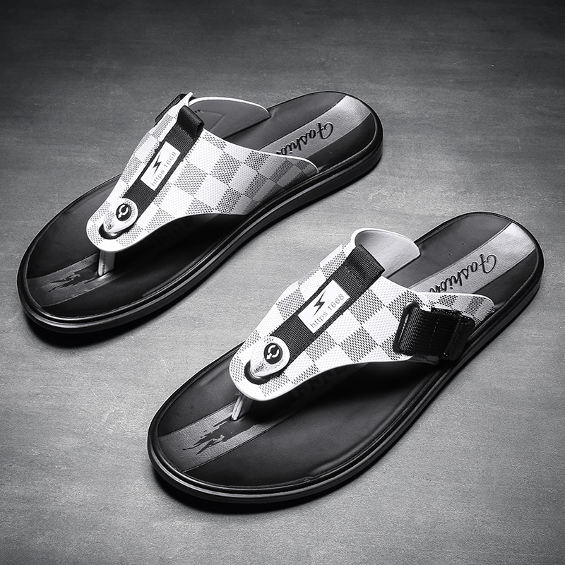 Märke flip flops tofflor herr strand svart läder herr sandaler rutschkanor sommar herr skor hem pantoufle homme cuir