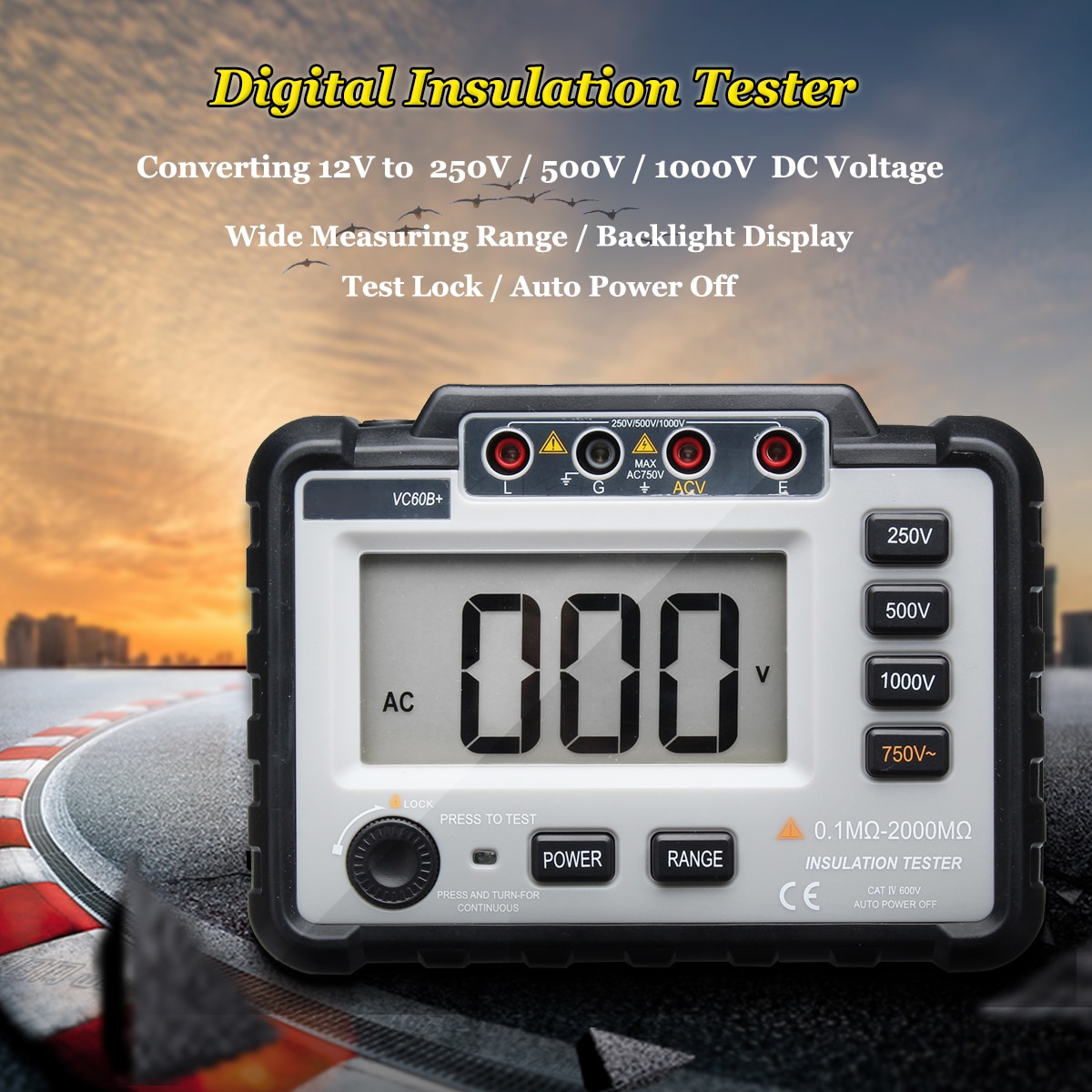 Jiguoor Digital Insulation Resistance Tester Megger MegOhm Meter 250/500/1000V DC Lightweight Wide Range LCD Backlight VC60B+