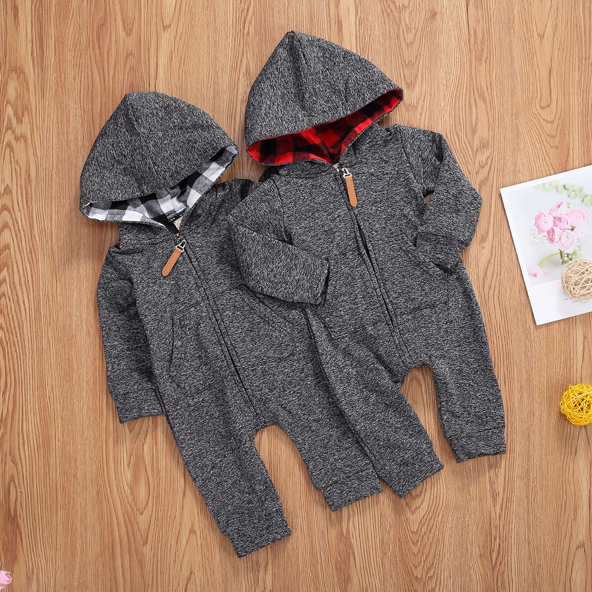 0-18M Baby Boys Girls Hoodie Jumpsuit Zipper Long Sleeve Creepers Romper Outfit with Pocket