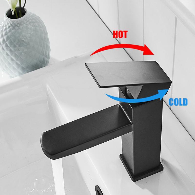 Grifo cuadrado negro para lavabo de baño, grifería de un solo mando para lavabo, montado en cubierta