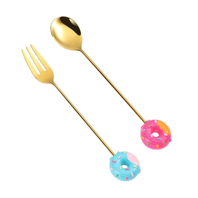 Donut Fork Spoon Stainless Steel Doughnut Dessert Fruit Forks Honey Coffee Stirring Spoon Baby Kid Cutlery Dinnerware Accessorie
