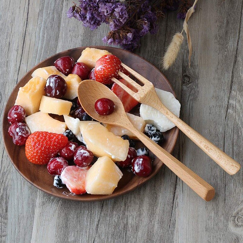 Houten vork en lepel set natuurlijk houten servies handgemaakte houten lepel geschikt voor pasta diner thee salade dessert aardappelchips