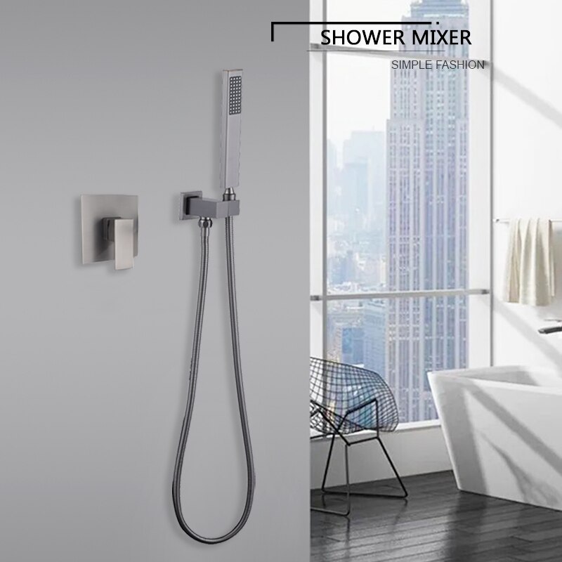 Bathroom Fixture Square In Wall Mounted Shower Set Hand Shower with Holder and Valve Body Metal Grey 1.5M Hose