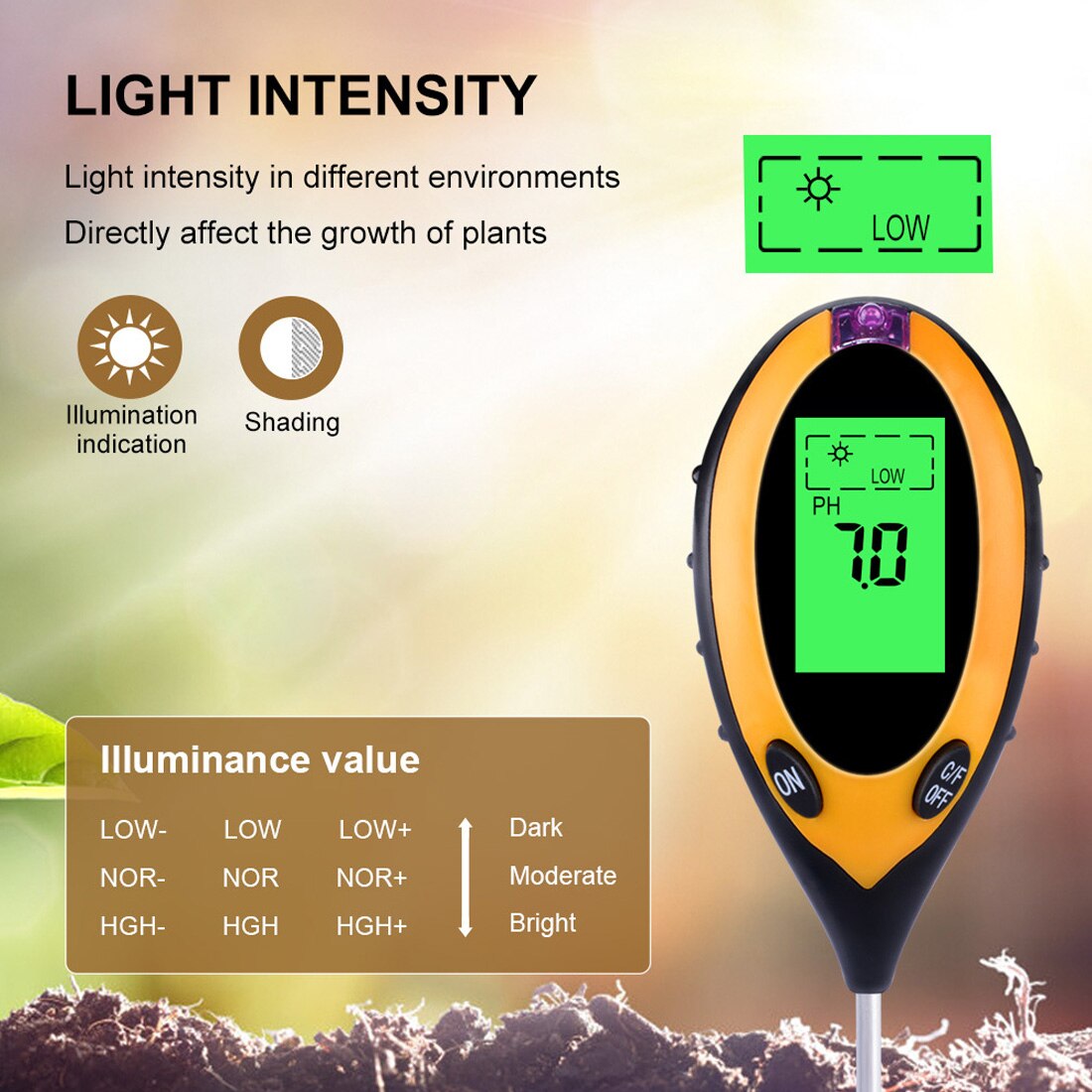 Digital Soil PH Meter Moisture Monitor Temperature Sunlight Tester For Gardening Plants Farming With Blacklight LCD Display