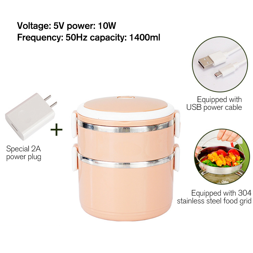Mini heated electric lunch box 2-layer portable steamer cooking container meal lunch box warmer: Pink / double-deck