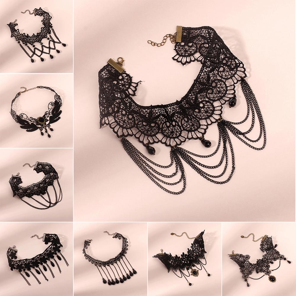Gothic Lolita Black Lace Korte Keten Choker Sexy Kwasten Ketting Hollow Out Big Rose Flower Punk Handgemaakte Bruiloft Sieraden