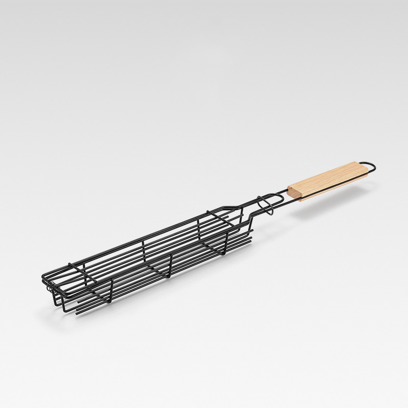 Wooden Handle Barbecue Cage Grill Net Portable Non-stick Barbecue Accessories Camping Charcoal Grill BBQ Grill Outdoor Stove: Dark Khaki