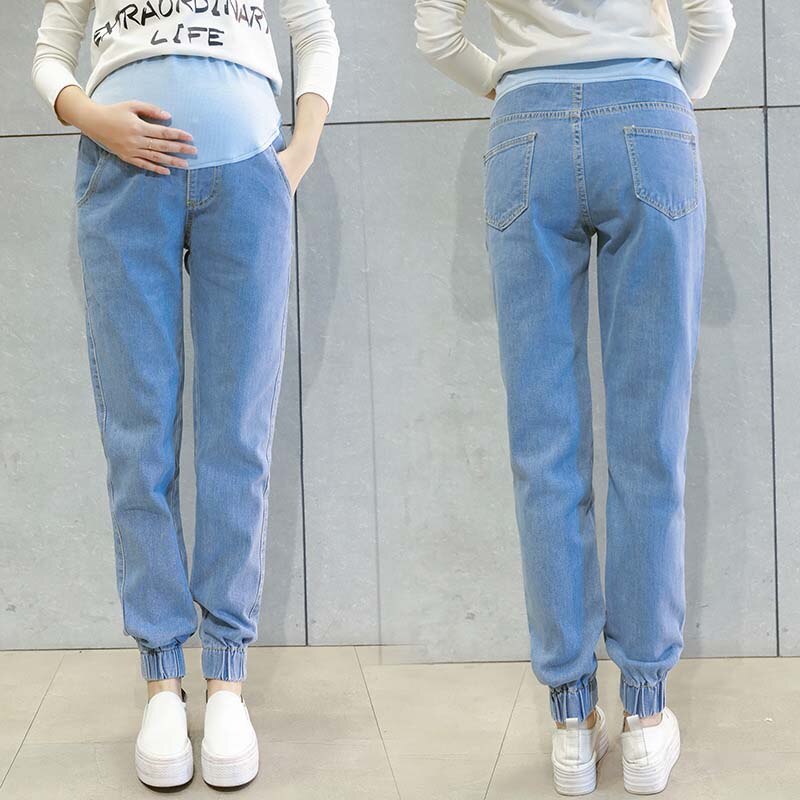 Elastic Waist Hole Stretch Denim Maternity Belly Jeans Autumn Spring Pants Clothes for Pregnant Women Pregnancy Pencil Trousers