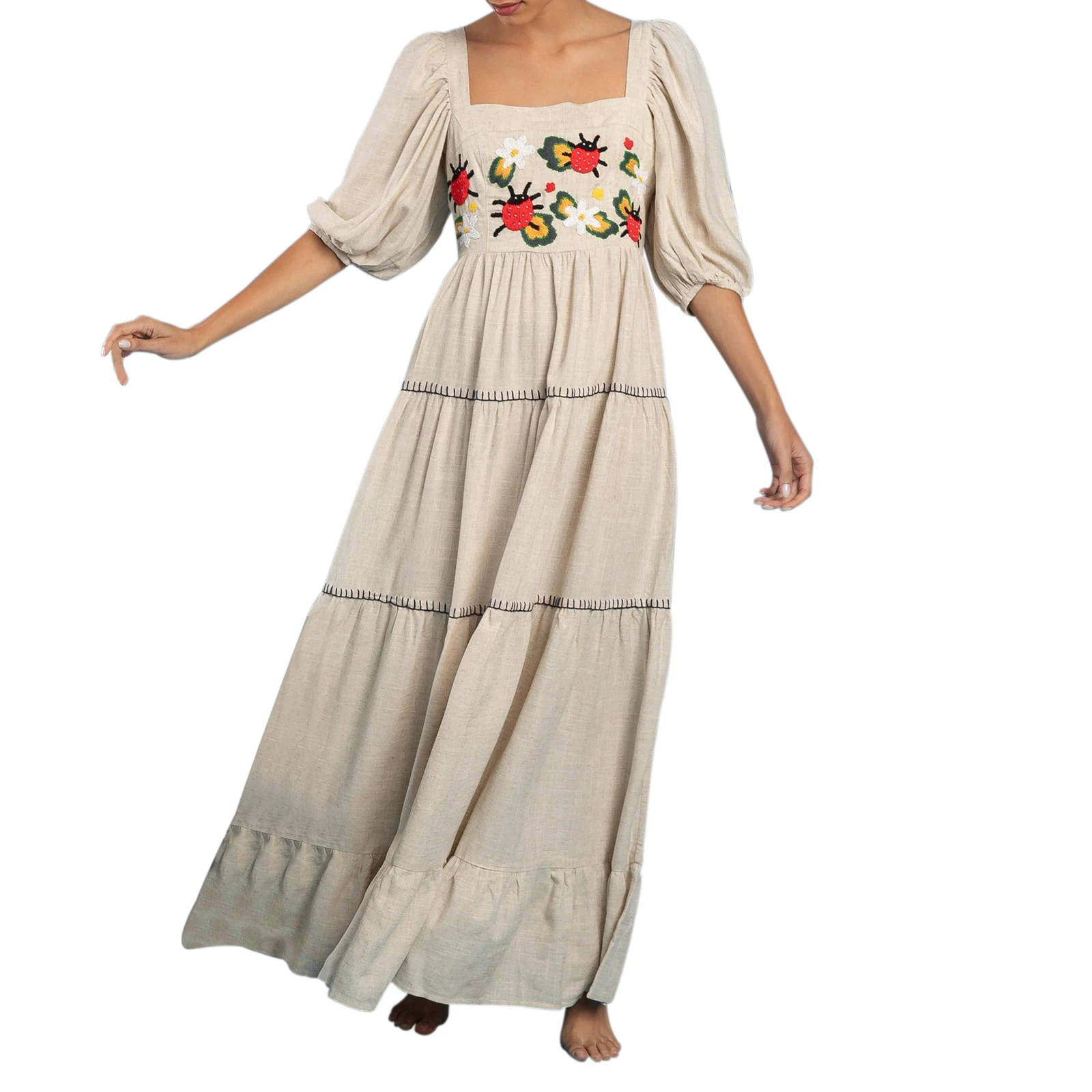 Vintage  Ethnic Embroidery  Women  Party  Sexy  Deep V-neck  Backless  Long Sleeve  Beach  Summer  Vestidos  Boho Dress
