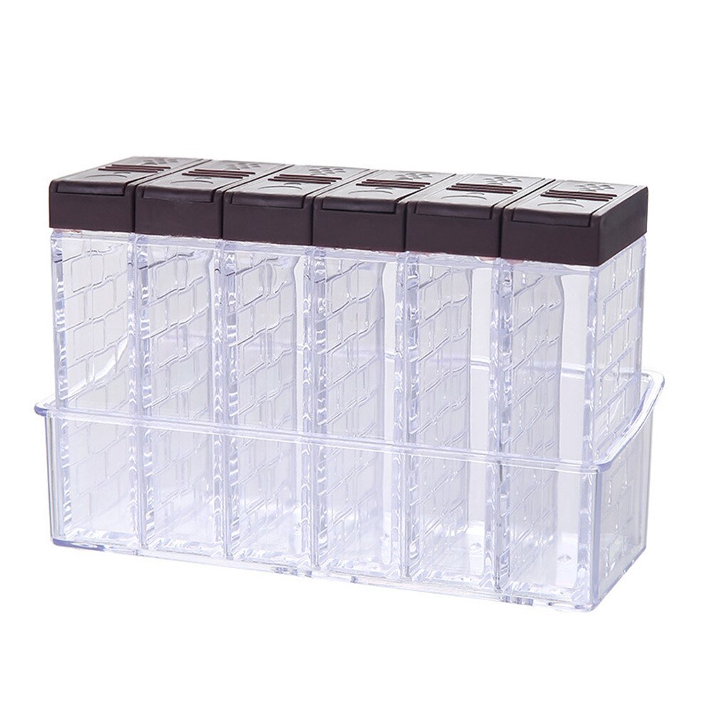 Caja de condimentos para especias, set de 6 unidades de tarros de sal y pimienta de PP para cocina, organizador de almacenamiento de especias, Organización del hogar: Marrón