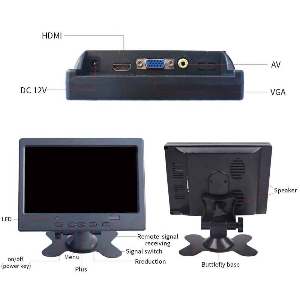 JOHNWILL mini monitor 7" VGA/HDMI input LCD plastic shell Built-in speaker compatible with Raspberry Pie pc CCTV