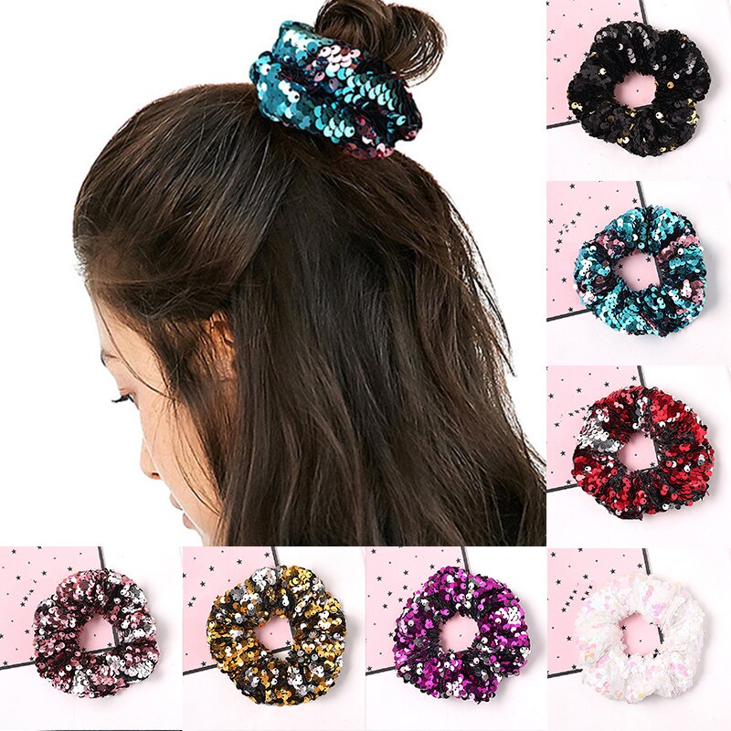 Paljett hår scrunchie glitter hårslipsar färgglada elastiska hårband vändbara paljetter scrunchies för flickor kvinnor håraccessoarer