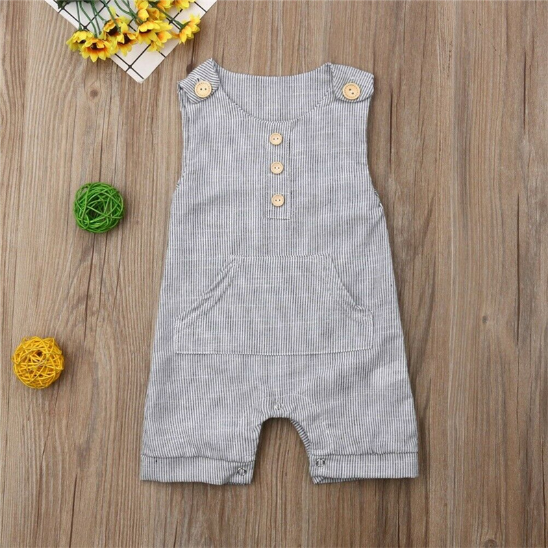 Brand Baby Meisje Jongen Mouwloze Overall Gestreepte Pocket Jumpsuit Bodysuit Outfit Zomer Kleding 0-18 M