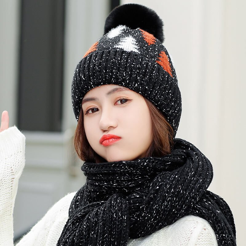 Dames winter sjaal muts set dames gebreide warme dikke roze mutsen mutsen met pompon dames effen kerstboom lange sjaals rood: Zwart