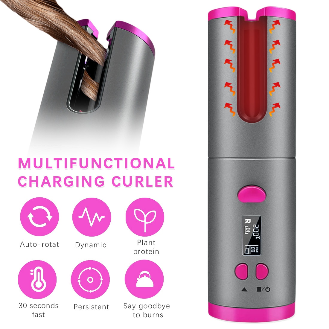 Cordless Auto Rotating Ceramic Hair Curler USB Rechargeable Curling Iron LED Display Temperature Adjustable Hair Straightener