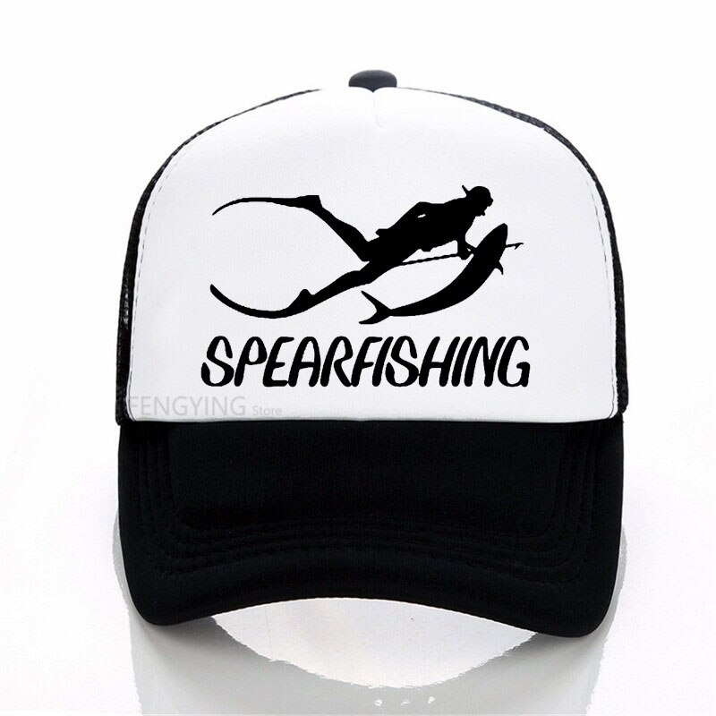Spearfishing print baseball cap afslappet bomuld hip-hop mesh cap sommer sport trucker hat: Sort hvid