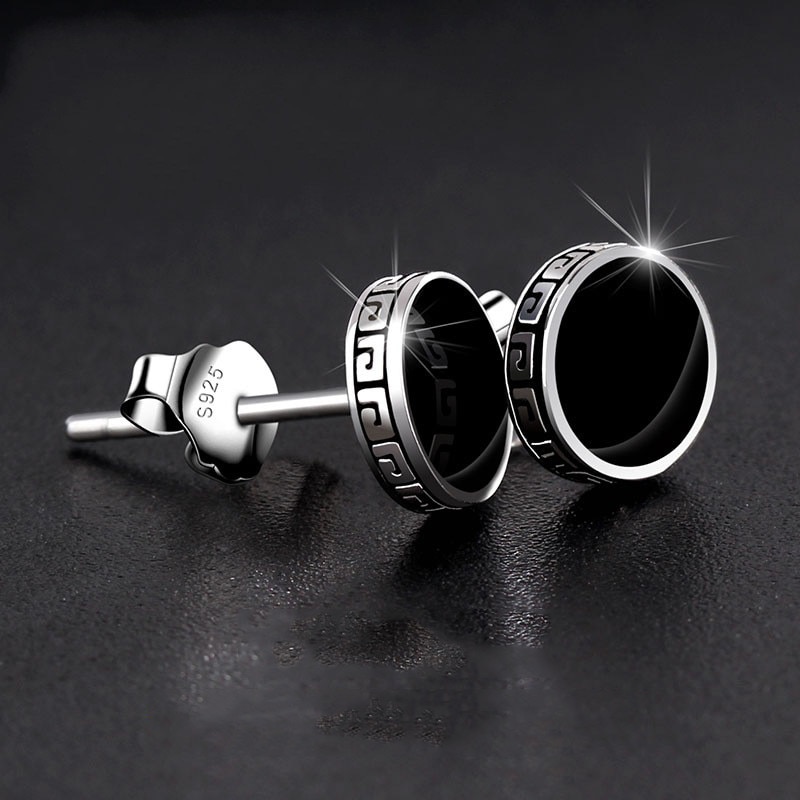 6/8mm runde sorte sten øreringe til mænd vintage punk smykker mandlige simple sølvfarvede hiphop øreringe