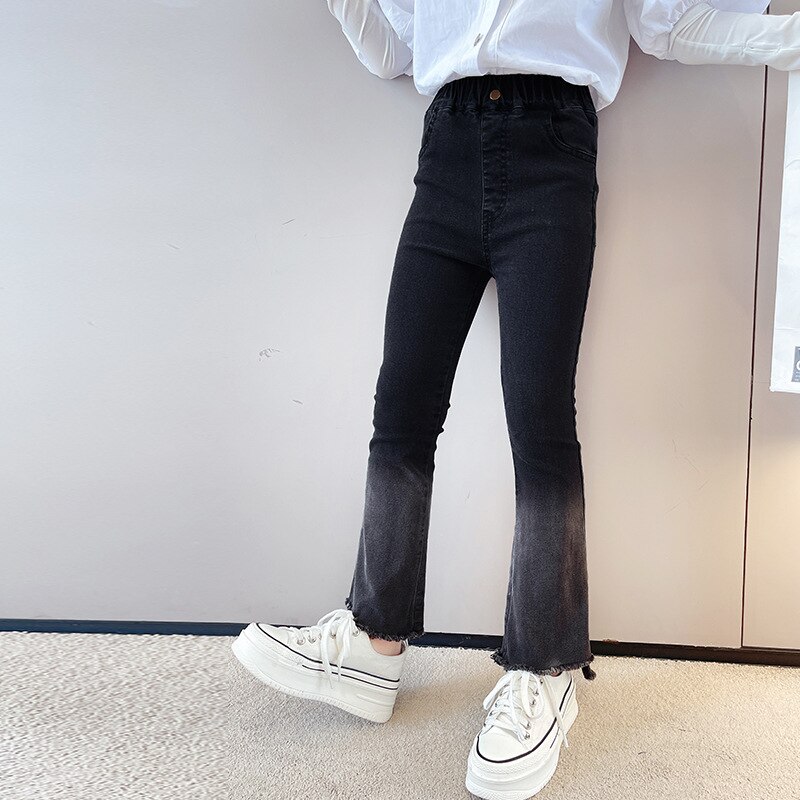 Jean évasé noir pour adolescentes de 12 à 15 ans, pantalon en Denim, taille moyenne, Style coréen, assorti avec tout, collection printemps et automne, pour enfants