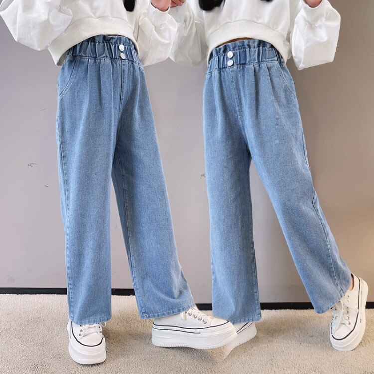 Toddler Kids Girls Jeans 2022 Spring Loose Straight Wide-Leg Denim Pants Children Ruffle Waist Trousers Teenag Girl Leggings 13Y: 16T