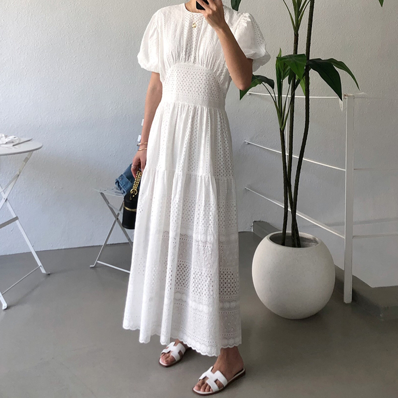 Sommer Frauen Strand Stil Solide max kleid O-ansatz Puff hülse Kleider hoch Straße Weibliche Vestidos INKEO 9D217