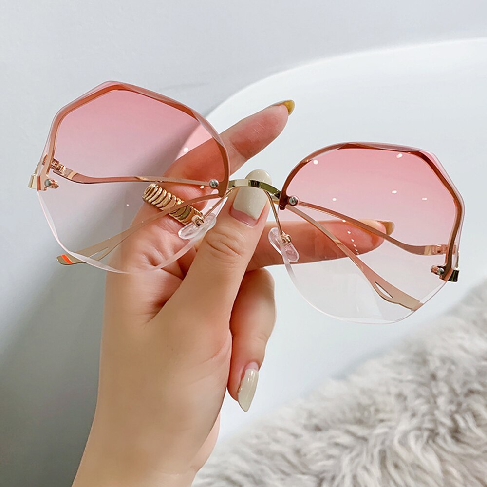 Gradient Eyeglasses Women Frameless Cut Trimmed Lens Metal Curved Women'S Sunglasses Decorative Glasses Eyewear: Pink