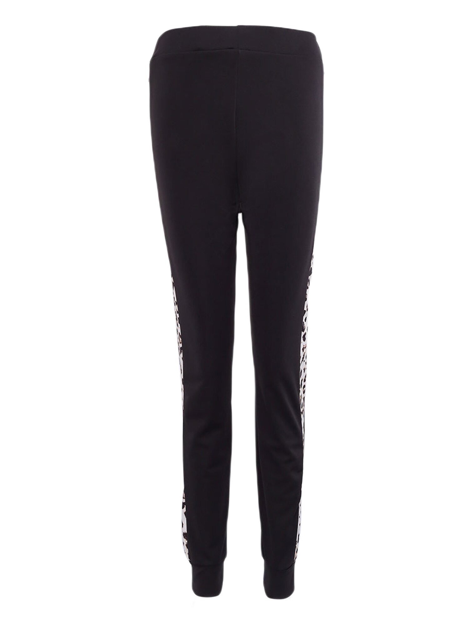 Casual damespak met luipaardprint, bestaande uit een vest met lange mouwen, opstaande kraag en ritssluiting, en een nauwsluitende, elastische sportbroek.