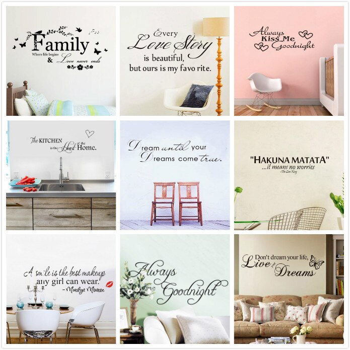 Kunst ord citat wallsticker blomster familie citater vægskilt hjem dekoration til soveværelse stue aftageligt vinyl tapet
