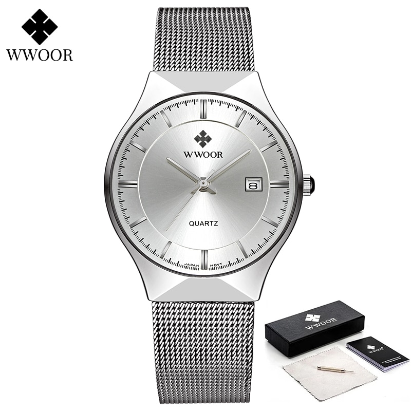 Relojes WWOOR plateados para hombre con malla de acero, superior de lujo, cuarzo ultrafino, resistente al agua, fecha, reloj de pulsera de negocios, caja Montre Homme